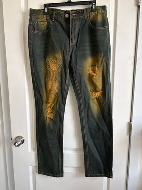 Slim Straight Distressed blue Jean with Yellow  distressed Jeans